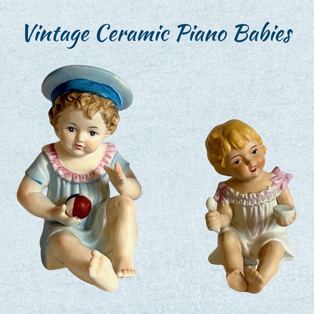 2 Vintage Bisque Porcelain Hand Painted Piano Babies